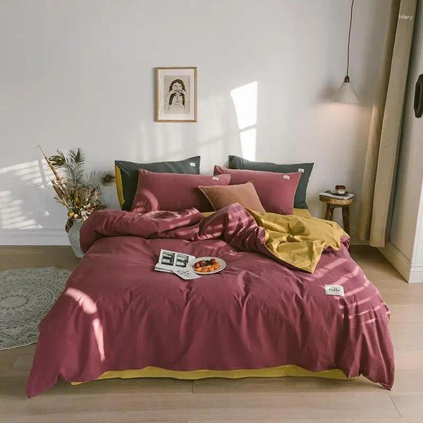 Juegos de cama 42 Tomato de dos colores Tomate Red/Cama Amarilla Algodón lavado Color liso Single/Double