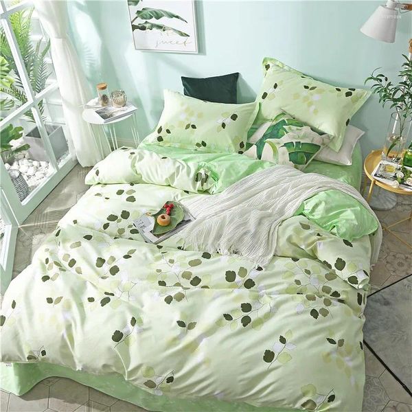 Ensembles de literie 4pcs Cover Cover Ensemble beau motif avec couette de couette à la plante verte adulte et taies d'oreiller couette