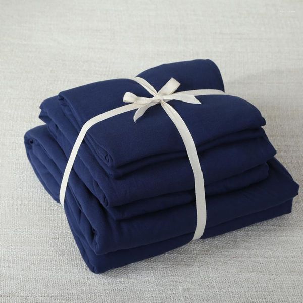 Ensembles de literie 4 pièces coton Jersey tricoté tissu couleur unie bleu marine housse de couette ensemble foncé doux drap-housse