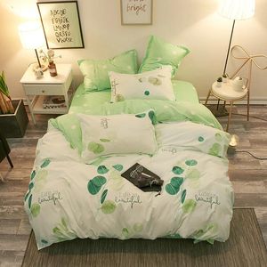 Bedding Sets 4pcs Green Leaf And Polka Dot Reversible Bedclothes Pastoral Style Duvet Cover Set Floral Quilt