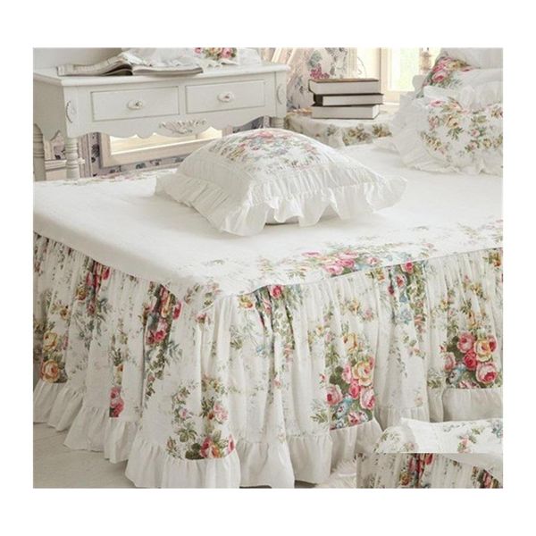 Juegos de cama 4 Unids Estilo Coreano Beige Princesa Juego de Cama de Lujo Rosa Impresión de Encaje Edredón Er Ruffles Colcha Sábana de Algodón Quee Dh2Dc