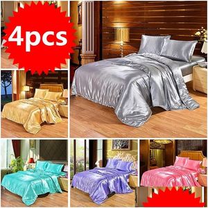 Ensembles de literie 4pcs Ensemble de literie en soie de luxe Satin Queen King Size Bed Comforter Quilt Duvet Er Linens With Pillowcases And Sheet 20112 Dh9Wi