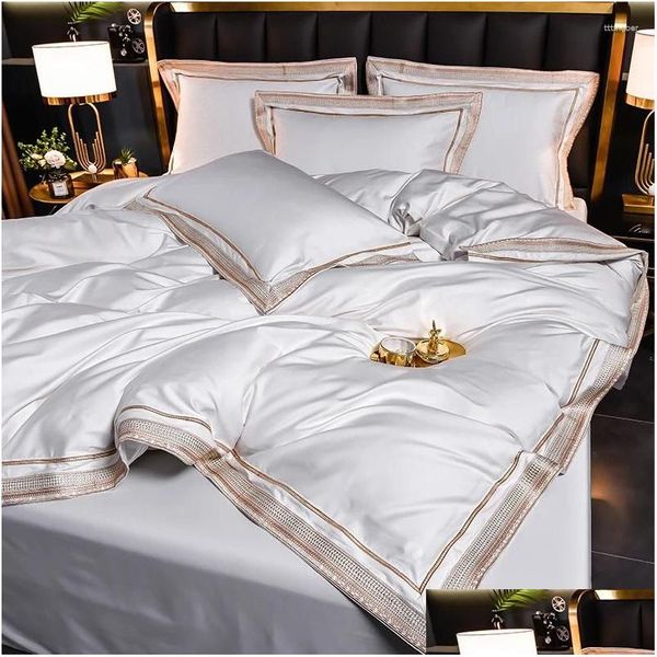 Ensembles de literie 4pcs / set 1000Tc coton égyptien doux couette er drap-housse plat taies d'oreiller luxe broderie lit livraison directe maison GA Dhka4