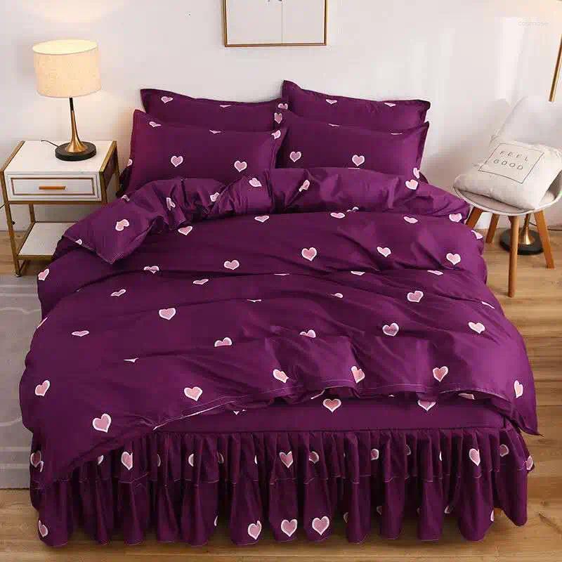 Yatak takımları 4pcs/set yatak etek 2 yastık kılıfı nevresim elastik bant ile düğün evi için hediye için polyester sayfası