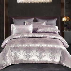 Ensembles de literie 4pcs Set pour lit double chambre à coucher en satin jacquard couette drapée d'oreiller tai-oreiller linge de luxe de luxe