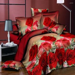 Beddengoed sets 4 stcs set rode printbloem huis textiel slijp 3D -vellen Actief en verven van beddenverspreide oversized down quilt soft