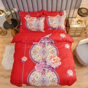 Beddengoed sets 4 stks/set set bladeren bloemstreep Chinese stijl kingsize bed spiegel rode kleur lakens voor bruiloft
