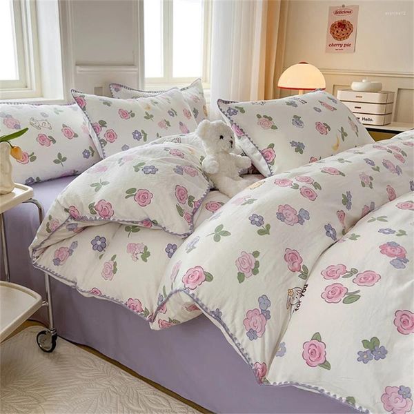Ensembles de literie 4pcs / Set Couvre-lit en coton lavé Rose Drap de lit Taie d'oreiller pour adultes et enfants Housse de couette en microfibre