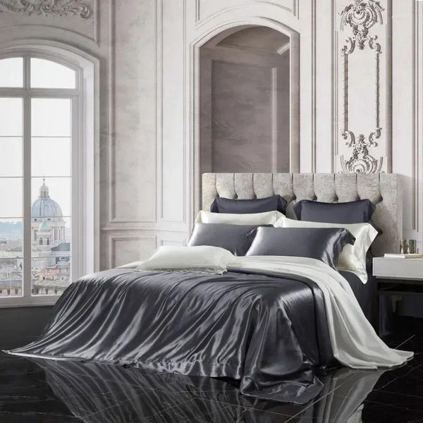 Ensembles de literie 6 A 25 Momme Ensemble de soie de mûrier avec housse de couette Drap de lit Taie d'oreiller Couple de luxe Draps de lit simple double taille