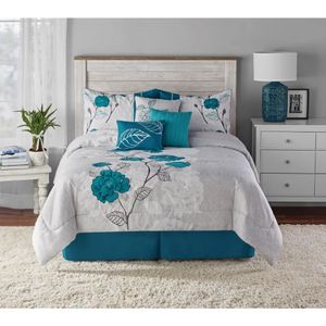 Juegos de ropa de cama Juego de edredón de 7 piezas con rosas verde azulado Full Queen con detalle de apliques bordados 231027