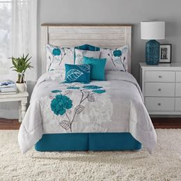Juegos de cama Juego de edredón de 7 piezas de rosas verde azulado con almohadas decorativas falda de cama FullQueen 231020