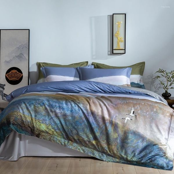 Juegos de cama 800TC algodón egipcio Chic pájaro bordado funda de edredón Vintage pintura al óleo diseño Ultra suave sábana funda de almohada