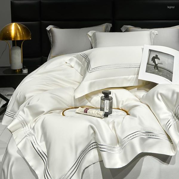 Juegos de cama 800TC Lyocell fibra lujo verano suave sedoso plata oro línea bordado funda nórdica sábana bajera fundas de almohada