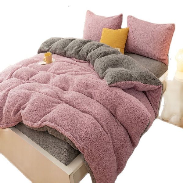 Ensembles de literie AB Side Agneau Cachemire Ensemble Épaissir Flanelle Polaire Hiver Linge de Maison Velours Housse de Couette Gris Sommeil Taie D'oreiller Feuille 221205