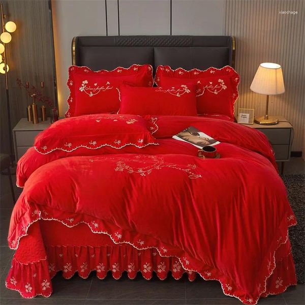 Conjuntos de ropa de cama AI WINSURE bordado terciopelo funda nórdica conjunto de invierno cama doble engrosada súper suave colcha gota