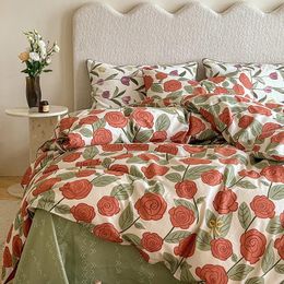 Ensemble de literie de style américain Coton 4 pièces Rose Tulip Flower Imprimer des feuilles de lit et taies d'oreiller Cover Cover Set King Size