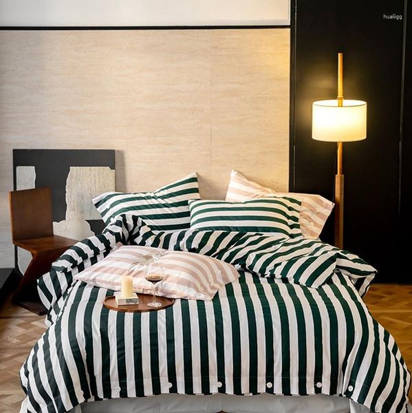 Conjuntos de ropa de cama American Vintage Green Vertical Stripe Botón 100S Algodón Cepillado Simple Nordic Set Funda nórdica Sábana Funda de almohada