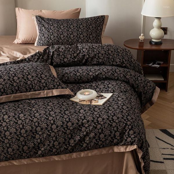 Juegos de cama Estilo Vintage americano 100S Algodón egipcio Jacquard Conjunto Textura Patrón oscuro Flores Funda nórdica Sábana Fundas de almohada