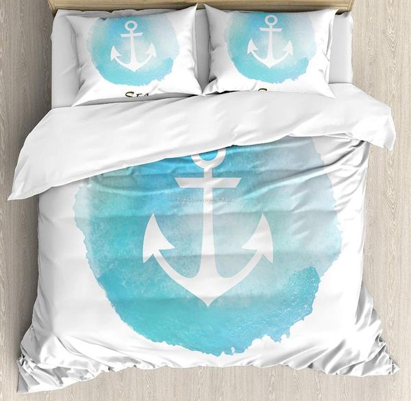 Ensembles de literie Ancre Ensemble de housse de couette Aquarelles Cercle marin Navire d'été Voyage Fidélité et stabilité Thème Décoratif Lit 3 pièces