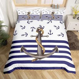 Ensembles de literie Ancre Nautique Steamboat Set Ocean Coastal Thème Bleu et Blanc Bande Housse de Couette pour Enfants Adultes King Size Couette