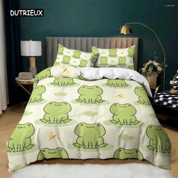 Conjuntos de ropa de cama Animal Frogs Funda nórdica Set King Queen Tamaño Verde Preciosa rana de dibujos animados para niños Niños Mujeres Decoraciones de dormitorio