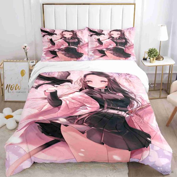 Ensembles de literie Anime Demon Slayer imprimé ensemble de literie 2/3 pièces Nezuko linge de lit reine Double simple roi taille housse de couette ensemble enfants adultes cadeau