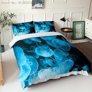 Beddengoed Sets Aquatic Organismen Set 3D-afdruk fluorescerende kleur Jellyfish Dekbedovertrek Microfiber Zachte Quilt Luxe Beddengoed