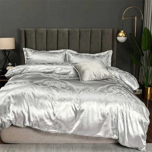 Beddengoed stelt kunstmatige zijde Jacquard Gold Bedding Luxe Satin Large Down Down Down Cover Set High-End Soft Soft Single Bed Comfort Cover J240507