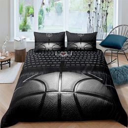 Juegos de cama Juego de funda nórdica de baloncesto Juego de cama con tema de deportes de pelota 3D negro Juego de cama de microfibra Cancha de baloncesto Juegos competitivos King Quilt Cover 220924