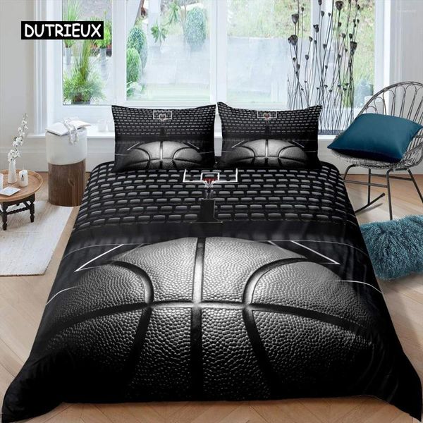 Conjuntos de ropa de cama Juego de funda nórdica de baloncesto Juego de pelota negra 3D Tema deportivo Cancha de microfibra Juegos competitivos King Quilt