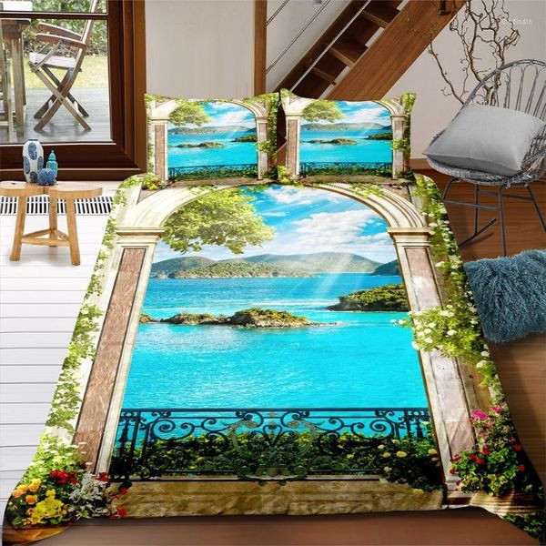 Ensembles de literie Beau paysage villa set Cover Lit Trees Floral Floral Island Duvet avec taie 2 / 3pcs DÉCOR HOME DÉCOR