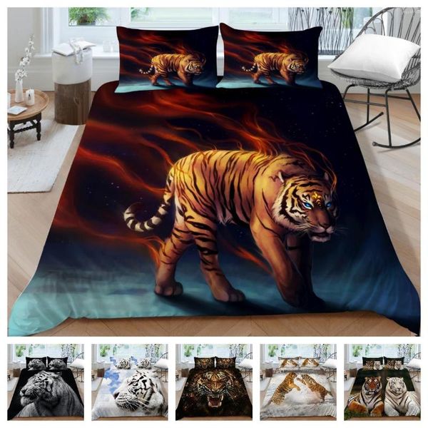 Ensembles de literie Linge de lit 2 / 3pcs 3D Digital Tiger Printing Housse de couette 1 Quilt 1/2 Taies d'oreiller Taille US / EU / AU