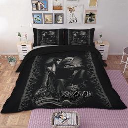 Conjuntos de ropa de cama Ropa de cama Halloween King Size 3D Cráneo negro Funda nórdica Funda de almohada Motocicleta Pesadilla antes de Navidad