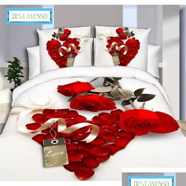 Conjuntos de ropa de cama Conjuntos de ropa de cama Edredón 3D Er King Size Set 34 piezas Sábana nórdica para bodas Fundas de almohada Ropa de cama de lirio rosa roja Amor romántico 2 Dhss1