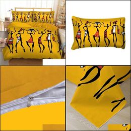 Ensembles de literie Ensembles de literie Ensemble africain Happy People Couette Er Twin Fl Queen King Size Textiles de maison Jaune Literie 3Pcs Drop 220923 Dh5Cv