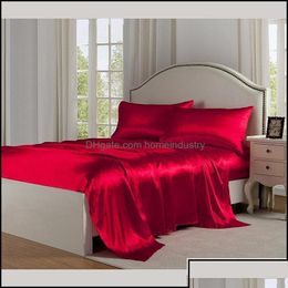 Ensembles de literie Ensembles de literie Accueil Drap de lit en soie de glace Taie d'oreiller en tissu satiné Soies d'imitation Lits quatre pièces Simple Mti-Color Three Size Otp36