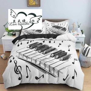 Juegos de ropa de cama Juegos de cama Música de piano King Queen Funda nórdica Juego de notas musicales para niños, adolescentes, niñas, teclas en blanco y negro, edredón de 2/3 piezas