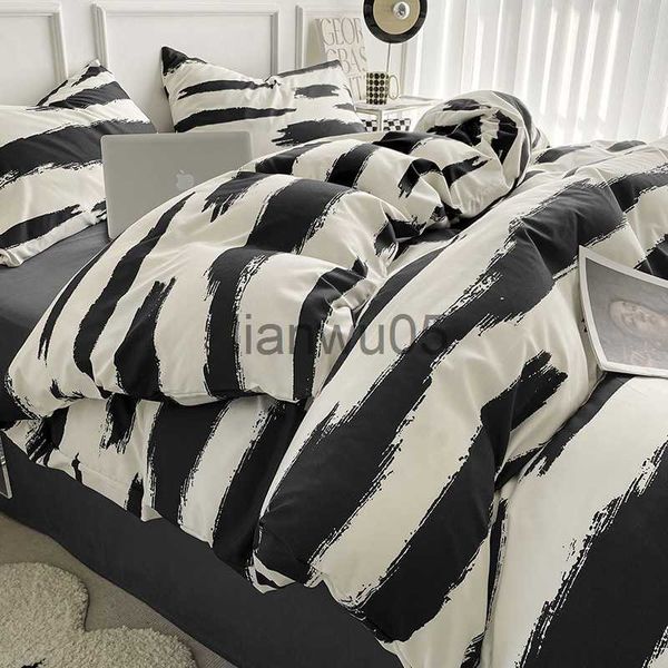 Juegos de ropa de cama Juego de sábanas 100 Algodón lavado Lino Estilo nórdico Juego de funda nórdica en blanco y negro Tamaño completo x0822