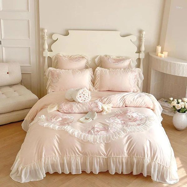 Conjuntos de ropa de cama Big Pink Rose Bordado de lujo Algodón egipcio Gasa Encaje Funda nórdica Sábana Fundas de almohada Princesa Ropa de cama