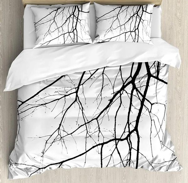 Ensembles de literie Ensemble en noir et blanc pour lit de chambre à coucher Macro Macro-feuilles Hiver d'arbre Iddyll Coup de couette