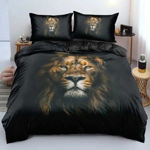 Ensembles de literie Black Lion Couette Cover Animal Bed Fell 3 pièces Single Double King Queen pleine taille 1 couette 2 boîtier H240521 MMDJ