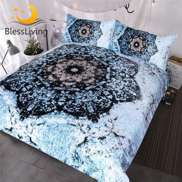 Conjuntos de ropa de cama Bendición Mandala Mandala Set Black and Blue Dudvet Cubierta Floral Bed estampada para adultos Cinaca de flores Doble