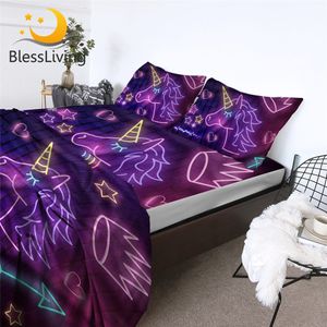 Beddengoedsets BlessLiving Purple Unicorn Fited Sheet Queen Luminous Bed Set Kleurrijke regenboog Flat Neon Licht 4 -delige 230210