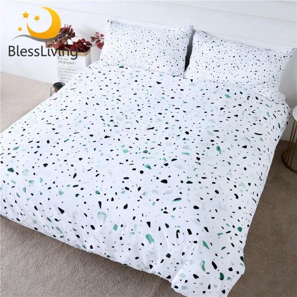 Conjuntos de ropa de cama BlessLiving Juego de cuarzo Piedras verdes Cubierta de edredón Rock Terrazzo Cama King Negro Blanco Mármol Ropa de cama de 3 piezas