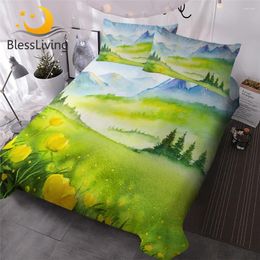 Ensembles de literie BlessLiving Spring Mountain Housse de couette Aquarelle Art Paysage Ensemble 3pcs Vert Jaune Floral Couvre-lits Chambre Décor