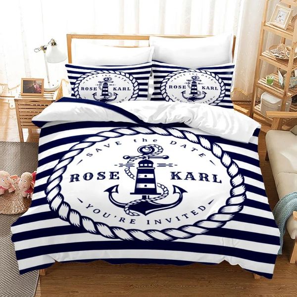 Ensembles de literie Blue Anchor Set Line de lit de voile Decor à la maison Single double Twin taille pleine grandeur pour garçons adultes Housse de couette Stripe Compass