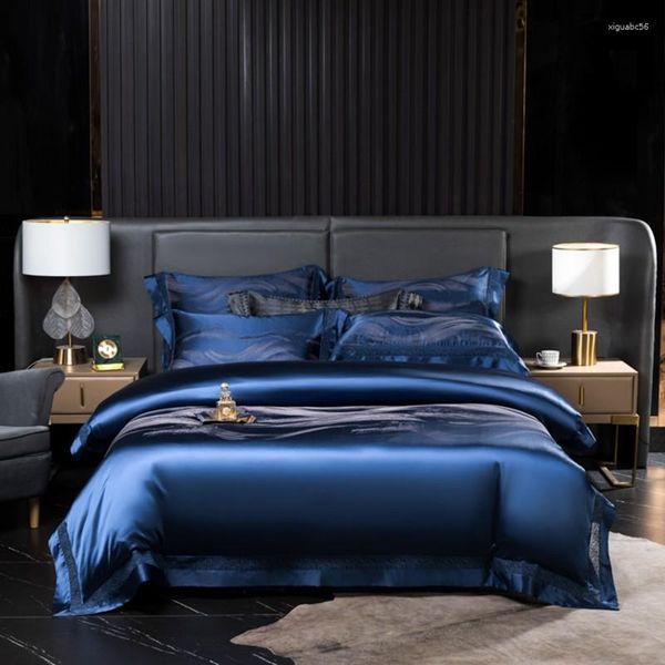 Juegos de cama Azul Negro Lujo Chic Conjunto Suave y sedoso Satén Funda nórdica Calidad Jacquard Algodón egipcio Sábana Fundas de almohada Rey 4 piezas