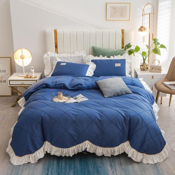 Ensembles de literie bleu coton jupe de lit couleur unie plissé volants princesse maison housse de couette couvre-lit taies d'oreiller en lin 1.8/2.0M