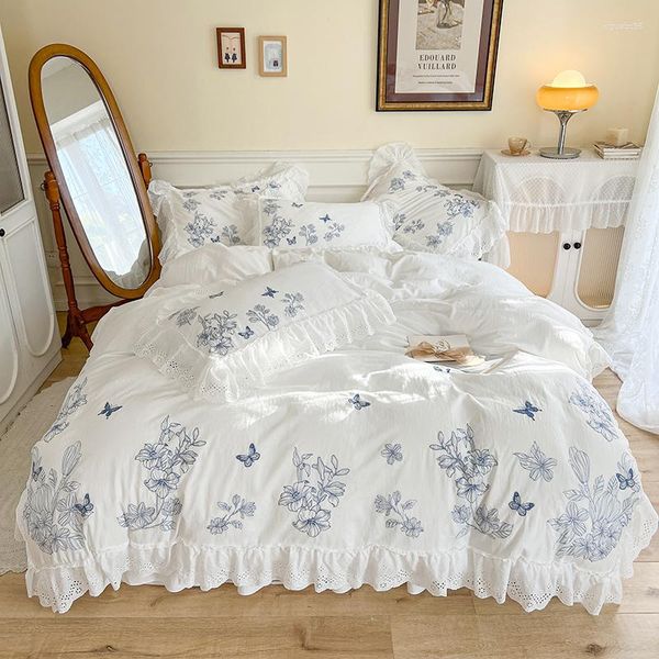 Ensembles de literie bleu fleur papillon broderie volants housse de couette ensemble jupe de lit taie d'oreiller coton princesse fille feuille