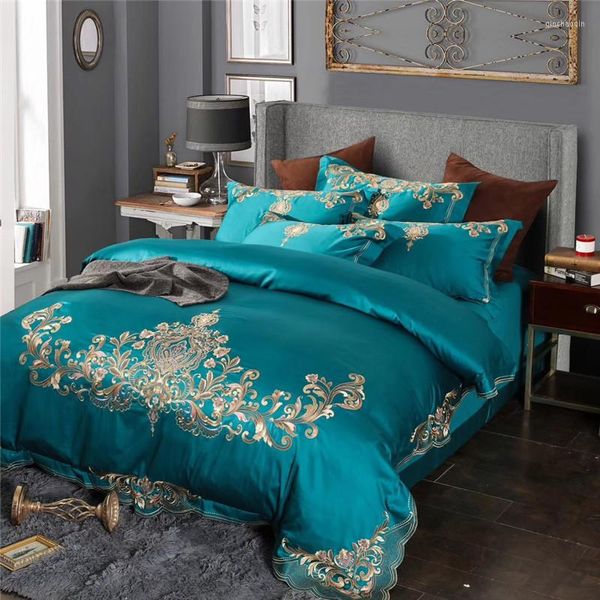 Ensembles de literie bleu rouge luxe doré Royal broderie 80S coton égyptien ensemble de mariage housse de couette drap de lit taies d'oreiller 4 pièces